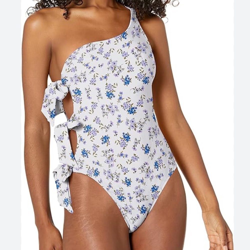 Guess One-Shoulder Floral One-Piece Swimsuit in White and Blue